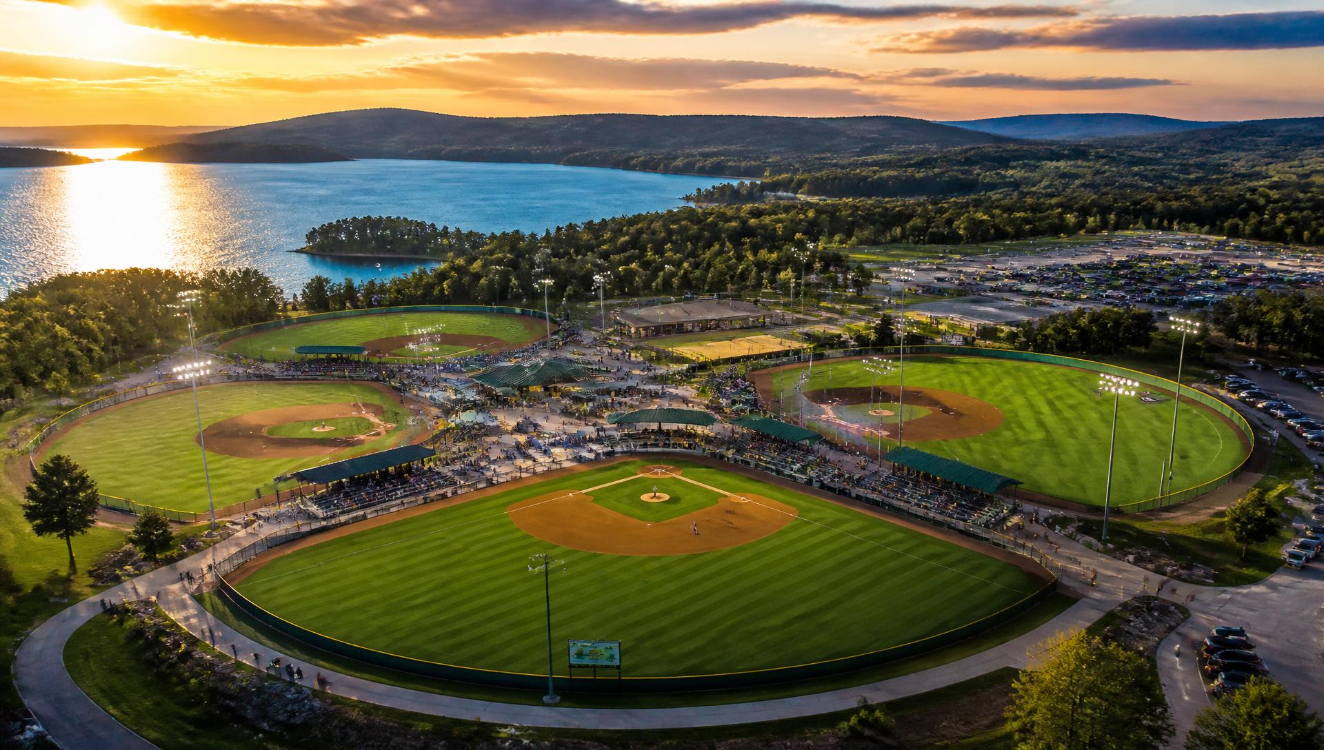 Ballparks National complex beside the Lake of the Ozarks at sunset